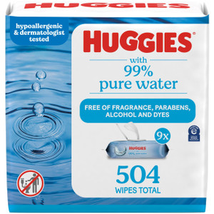 Huggies 99% Pure Water Baby Wipes, Unscented, 9 flip-top packs (3 Packs of 3), 504 Wipes Total, Packaging May Vary