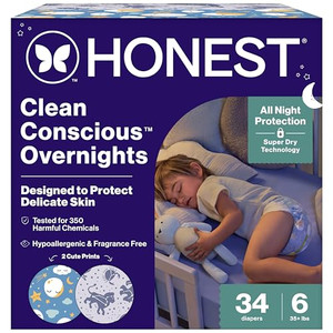 Clean Conscious Overnight Diapers | Up to 12 Hours of Protection | Hypoallergenic + Fragrance Free | Cozy Cloud + Star Signs | Size 6, 34 Count Club