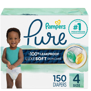 Pampers Pure Protection Baby Diapers, Size 4, 150 Count, Up to 100% Leakproof, Premium Plant-based Skin Protection, Hypoallergenic Soft Diapers
