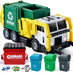JOYIN Large Friction Powered Garbage Truck Toy Set, Includes Dumpster, Trash Bins, and Learning Cards for Kids, Boy Toys Birthday Gift for Boys Girls