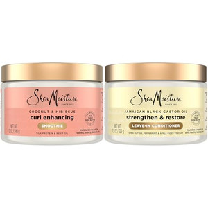 SheaMoisture Leave-In Conditioner Bundle, Coconut & Hibiscus Curl Enhancing Smoothie for Curly Hair, Frizz Control + Jamaican Black Castor Oil Streng