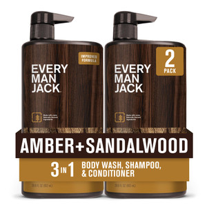 Every Man Jack Amber + Sandalwood Hydrating Mens 3-in-1 All Over Wash for All Skin and Hair Types - Body Wash, Shampoo and Conditioner with Naturally