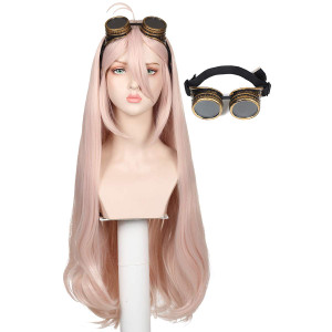 ColorGround Long Light Pink Wig with Glasses for Halloween (Long Pink)