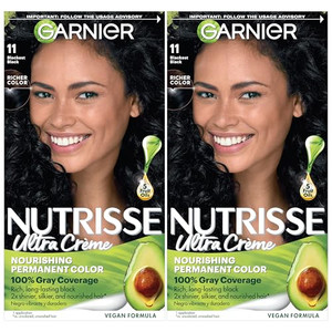 Garnier Nutrisse Ultra Crème Hair Color, Permanent Hair Dye with 100% Gray Coverage, Vegan & Cruelty-Free, 11 Blackest Black (Peppercorn), 2 Count