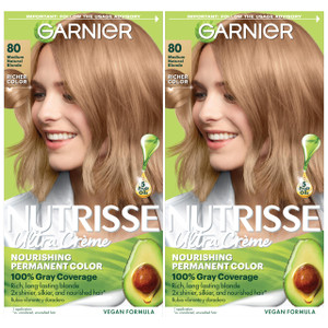Garnier Nutrisse Ultra Crème Hair Color, Permanent Hair Dye with 100% Gray Coverage, Vegan & Cruelty-Free, 80 Medium Natural Blonde (Butternut), 2 Co