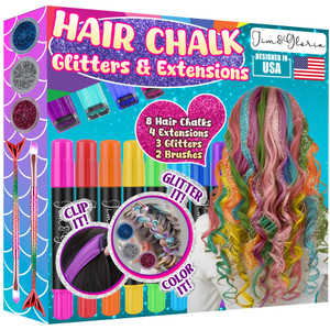 Jim&Gloria Dustless Hair Chalk for Girls Washable with Clip in Hair Extensions, Brushes and Glitters, Temporary Color Dye, Gifts for Teen Girl Trendy