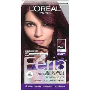 L'Oreal Paris Feria Multi-Faceted Shimmering Permanent Hair Color, V38 Violet Noir (Intense Deep Violet), Pack of 1 Hair Dye Kit