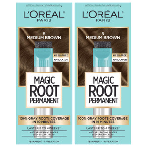 LOréal Paris Magic Root Permanent Hair Color, 10 Minute Hair Dye Kit to Rescue Roots with 100% Gray Hair Coverage, 5 Medium Brown, 2 Pack (Packaging