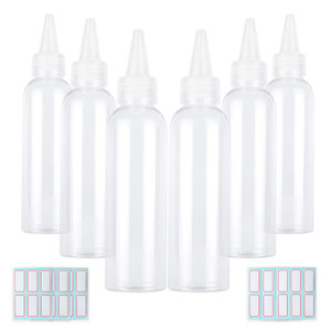 Trendbox 4oz Clear Plastic Bottles Applicator with Twist Top Cap BPA-Free for Hair Oils and Liquids 6 Pack with 6pcs Labels