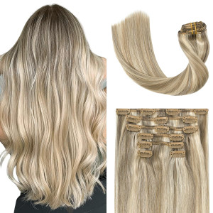 UGOTRAYS Clip in Hair Extensions Real Human Hair - 18 inch 70g Ash Blonde Mixed Bleach Blonde Straight 7pcs Double Weft - 100% Remy Human Hair Extens