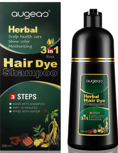 AUGEAS 500ML Black Permanent Hair Color Shampoo, 3 IN 1 Organic Herbal Fast Coloring Shampoo for Men and Women to Cover Grey/White Hair (BLACK)