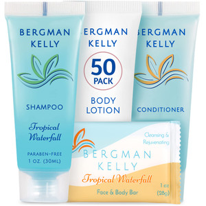BERGMAN KELLY Hotel Toiletries Bundle (Tropical Waterfall, 1 oz each, 200 Pieces) 4-Piece Set: 50 Rectangular Bar Soap, 50 Shampoo, 50 Conditioner &