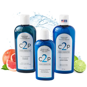 CLEAR 2 PERFECTION Acne Treatment Kit - Non-Comedogenic Haircare & Skincare Trio - Scrub, Shampoo & Conditioner - Ideal for Acne-Prone Skin & Bacne