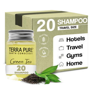 Terra Pure Travel Size Hotel Shampoo 20 Count 1 oz Bottles Guest Amenities for Hotels Vacation Rentals and Short Term Rentals Paraben Free Green Tea