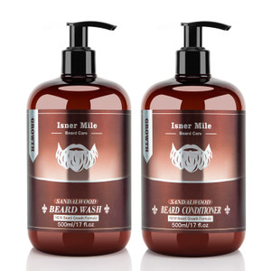 ISNER MILE Beard Wash & Conditioner Set for Men - 17 oz Shampoo with Biotin, Argan & Jojoba Oils for Smooth, Soft, and Strengthened Beard - Sandalwoo