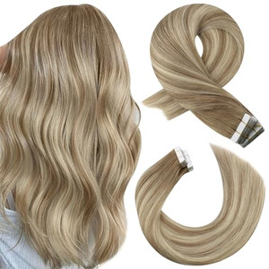 Moresoo Tape in Hair Extensions Human Hair Ombre Ash Brown to Blonde Mix with Light Blonde Hair Extensions Tape in Real Human Hair Balayage Glue in E