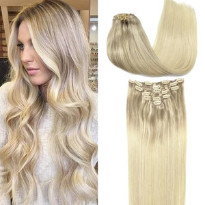 GOO GOO Clip in Hair Extensions Real Human Hair, Remy Human Hair Extensions Clip ins for Women, Natural Human Hair, 18inch 120g 7Pcs, Ash Blonde to P