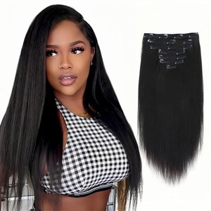 SixStarHair Yaki Straight Clip In Hair Extensions Real Human Hair 14inch Coarese Yaki Hair Extensions with Clips 120g 7 Pieces Thick Double Wefted Ha