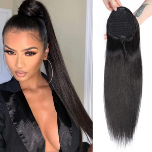 Straight Human Hair Ponytail Drawstring 100% Ponytails Extension for Women Brazilian Straight Hair Natural Color (16 Inch, Straight, Wrap Drawstring)