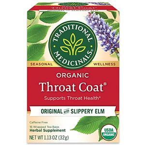 Traditional Medicinals Organic, Throat Coat Tea, Original with Slippery Elm - Supports Throat Health - Kosher, Non-GMO, Caffeine-Free, Compostable -