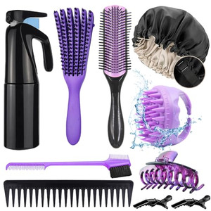 10Pcs Natural Hair Detangling Brush Set with Sleep Bonnet for Curly, Afro, African Black 3a to 4c Hair - Faster Detangling on Wash Days