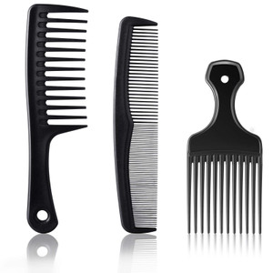 Patelai 3 Pieces Hair Pick Comb Wide-tooth Afro Comb for Men Detangling Styling Set, Carbon Fiber Pick Barber Brush Tool for Beard, Long, Thick, Curl