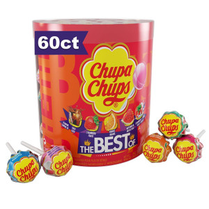 Chupa Chups Best Of Lollipop Assortment, 5 Flavors, Individually Wrapped Candy for Kids, 25.3 Oz Drum (60 Suckers)