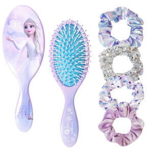Frozen Princess Elsa Hair Accessory 5 Pcs Set - 1 Regular 9 inch Frozen Hairbrush & 4 Frozen Scrunchies - Detangling Brush & Elastic Hair Ties Ropes