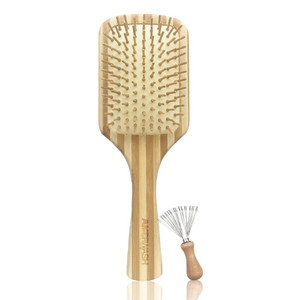 Bamboo Hair Brush with Cleaner Tool, Large Paddle Wooden Detangling Brush Perfect for Women Men Thick Curly Hair, Bamboo Bristles Help Hair Growth, E