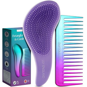 Lily England Detangler Brush & Comb Set - Lightweight Wide Tooth Detangling Tool for Women & Kids - Smooths Curly, Straight, Dry, Fine, & Thick Hair,