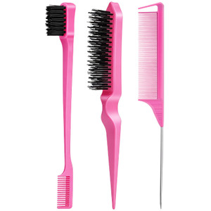 3 Pieces Hair Styling Comb Set Teasing Brush Rat Tail Comb Edge Brush for Edge&Back Brushing, Combing, Slicking Hair for Women (Pink)