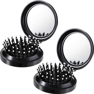 Boao 2 Pack Foldable Travel Mirror Hair Brushes Round Portable Folding Pocket Hair Brush Mini Comb Compact Travel Size Massage Comb for Men Women(Bla