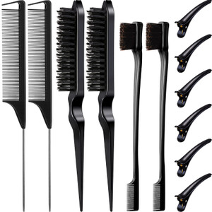 Remerry Hair Brush Set, 12 Pieces Nylon Brushes Including 3 Row Salon Teasing Brushes, Double Sided Edge Brush, Rat Tail Combs, Duckbill Clips for Wo