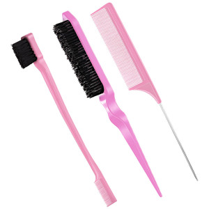 Geiserailie 3 Pcs Slick Back Hair Brush Set Bristle Brush Edge Control Teasing Comb for Women Black Hair(Light Pink)