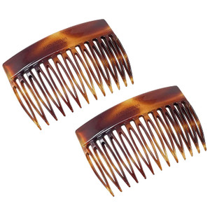 Parcelona French Bold Edge Brown Small 2 3/4" Celluloid Pin Wide Teeth Set of 2 Side Slide Hair Combs for Women and Girls, Made in France (Brown)
