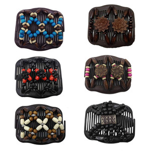 LOVEF Professional Wooden Comb Ladies Magic Beads Elasticity Cord Rope Clip Double Elastic Hair Clamp Combs Accessories-6pcs