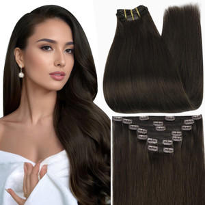 Full Shine Brown Human Hair Clip in Extensions Dark Brown Clip in Hair Extensions Real Human Hair Triple Weft Brunette Hair Extensions for Women Stra