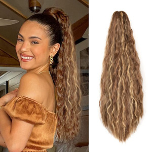 YEAME Wavy Ponytail Extension Claw Clip, 22 Inch Corn Wave Pony Tail Synthetic Brown Mixed Blonde Hair, Long Curly Jaw Ponytail Hair Extainson for Wo