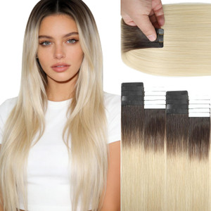 Lacer Tape in Hair Extensions Real Human Hair - Natural Rooted Darker Brown to Platinum Blonde Hair Extensions Tape ins - Double Side Seamless PU Ski