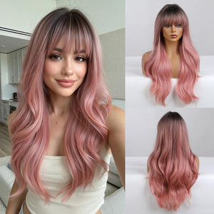 Esmee 24" Women Synthetic Wigs Natural Long Wavy Ombre Pink with Dark Roots?Fluffy Air Bangs Light Cosplay Party Wigs