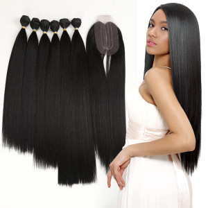 DÉBUT Synthetic Hair 6 Bundles with Simple Closure Yaki Straight Weave Heat Resistant Kinky Straight 7pcs High Temperature Fiber 16 18 20 Inch 250g f
