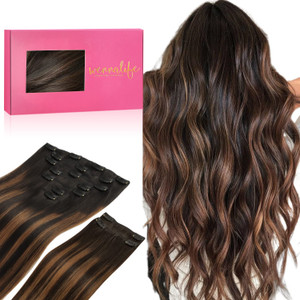 WENNALIFE Clip in Hair Extensions, 150g 14 Inch 9pcs Balayage Natural Black to Chestnut Brown Remy Hair Thicker Double Weft Extensiones De Cabello Hu