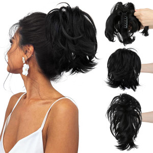 CJL HAIR Claw Clip Short Ponytail Hair Extensions DIY Bendable Metals Messy Bun Hair Piece for Wonen Straight Synthetic Fake Hairpieces Jet Black