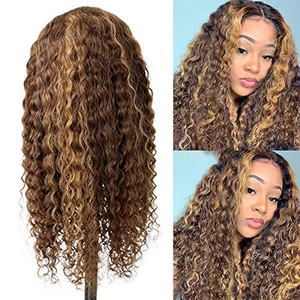 Highlight Human Hair Lace Front Wig #4/27 Strawberry Blonde to Brown Deep Curly 13x4 HD Lace Brazilian Virgin Hair Pre Plucked for Women Bleached Kno