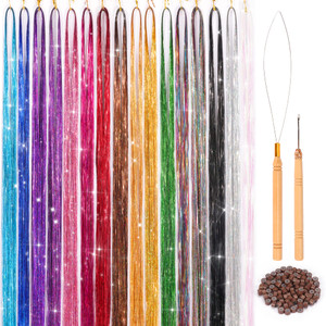 16 Colors Hair Tinsel Kit, ELASO 48 Inches 3300 Strands Tinsel Hair Extensions, Fairy for Christmas Halloween Cosplay Party, Highlights Sparkling Gli