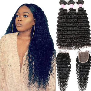 Brazilian Deep Wave Bundles with Closure Virgin Human Hair Bundles with Closure 4×4 Lace Mixed Length Hair Bundles Natural Color for Black Women 100%