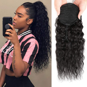 Human Hair Clip in Corn Wave Ponytail Extensions, Long Wrap Drawstring Curly Clip on Pony Tail Hairpiece, 100% Unprocessed Brazilian Hair for Black W