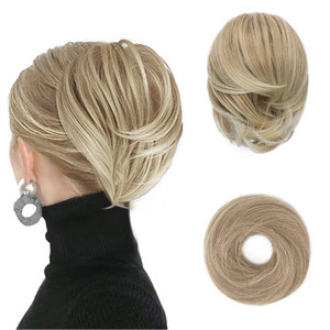 BARSDAR Straight Hair Bun Extensions - Short Straight Ponytail Blonde Hair Bun Extensions for Women, Synthetic Elastic Messy Bun Scrunchies Hairpiece