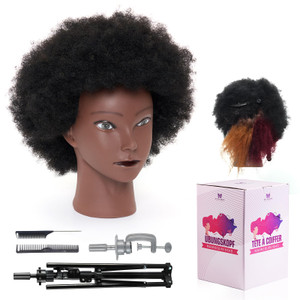 100% African Mannequin Head Human Hair,4C Afro Curly Cosmetology Manican Manikin Doll Head with 47 Mannequin Head Stand,Table Calmp,Braiding Set for