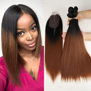 DÉBUT Yaki Straight Synthetic Hair 6 Bundles with Simple Closure Heat Resistant Kinky Straight Hair Weave 7pcs 250g for Full Head High Temperature Fi